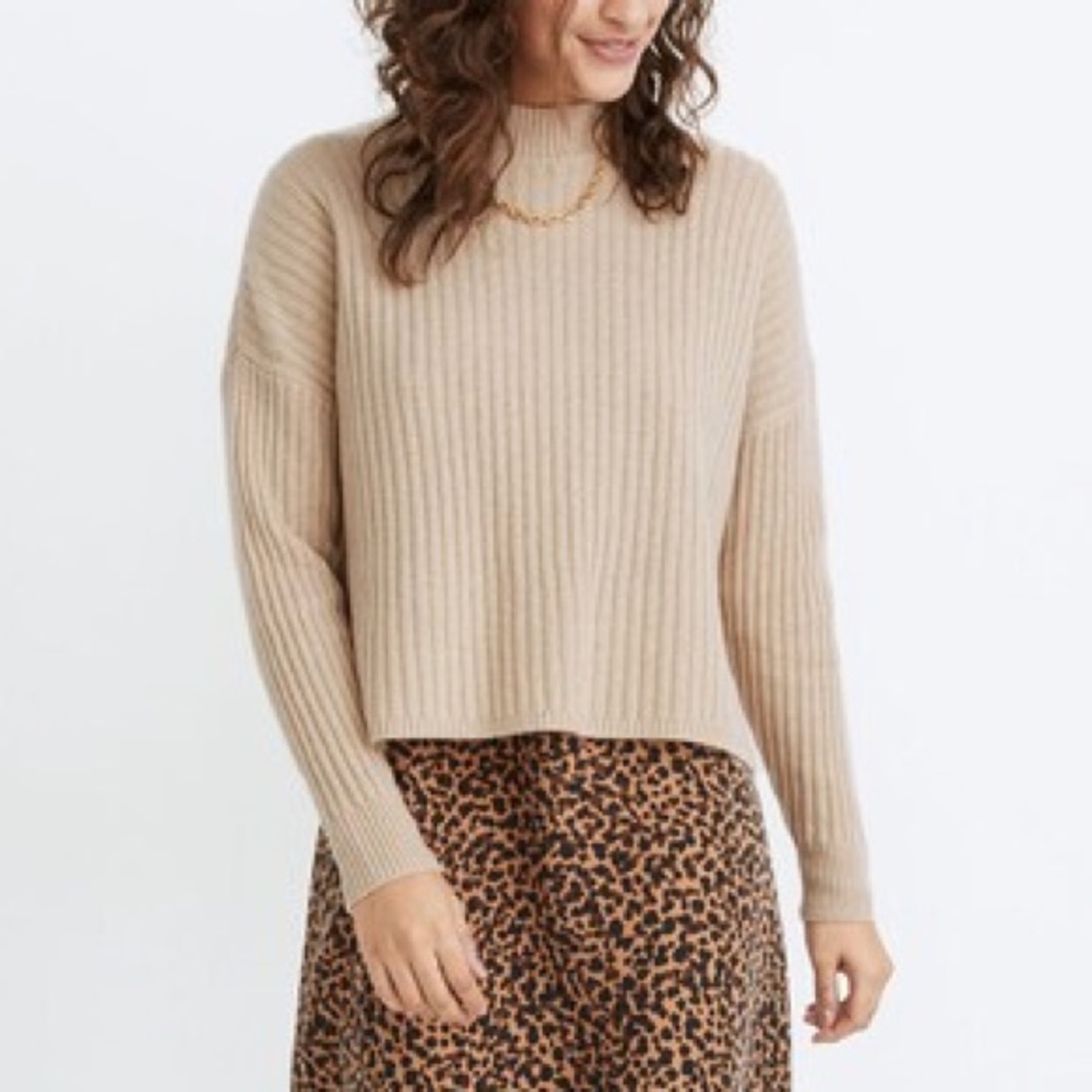 🧡 Madewell (Re)sourced Cashmere Ribbed Mockneck Pullover Sweater Heather Beige